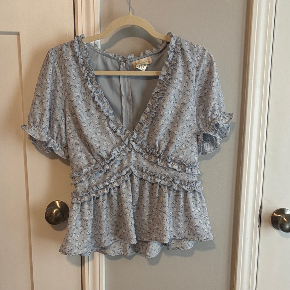 Altar'd State Light Blue Floral Ruffle Peplum Blouse